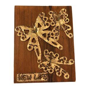 Brutalist Brass Butterfly Sculpture On Wood Wall Hanging Decor
